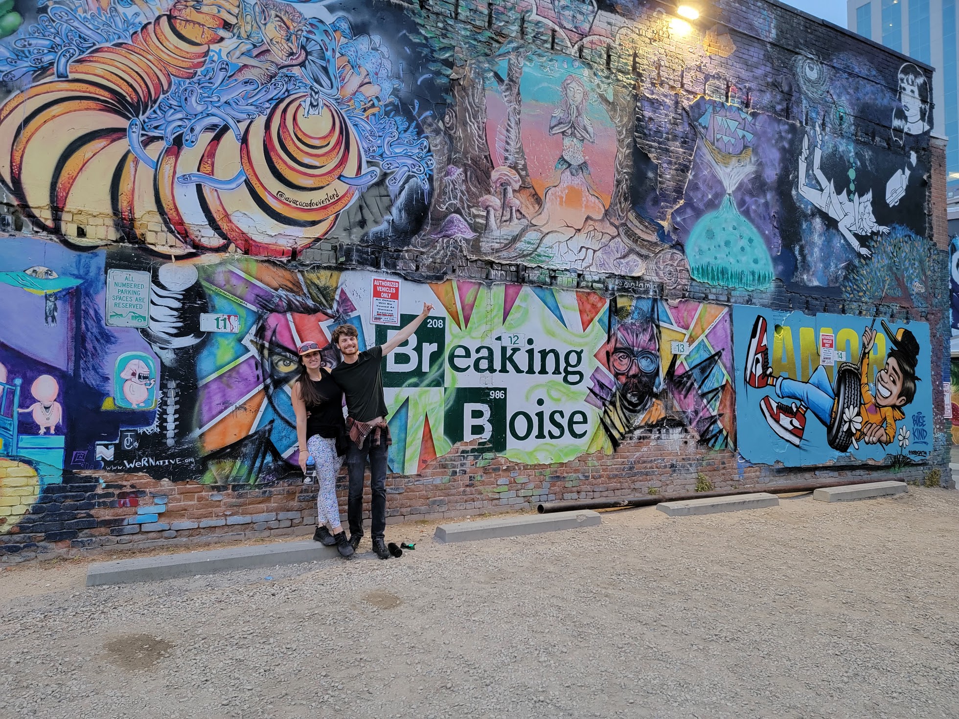 Me and Mattie posing in front of a wall in Boise's Freak Alley