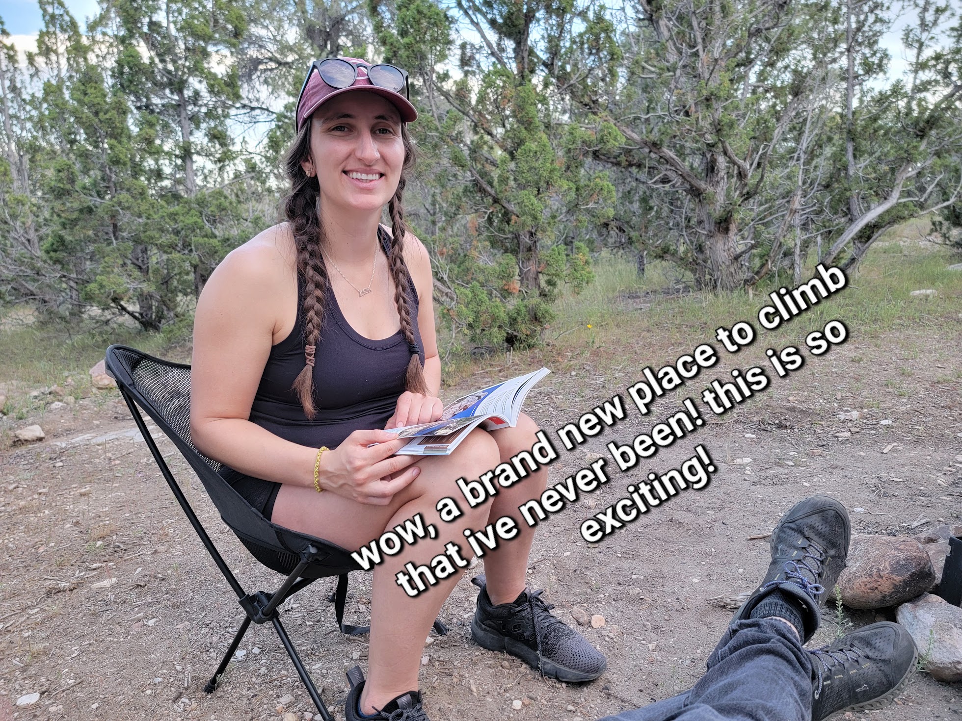 Mattie sitting in a chair captioned "Band new place to climb that I've never been this is so exciting"