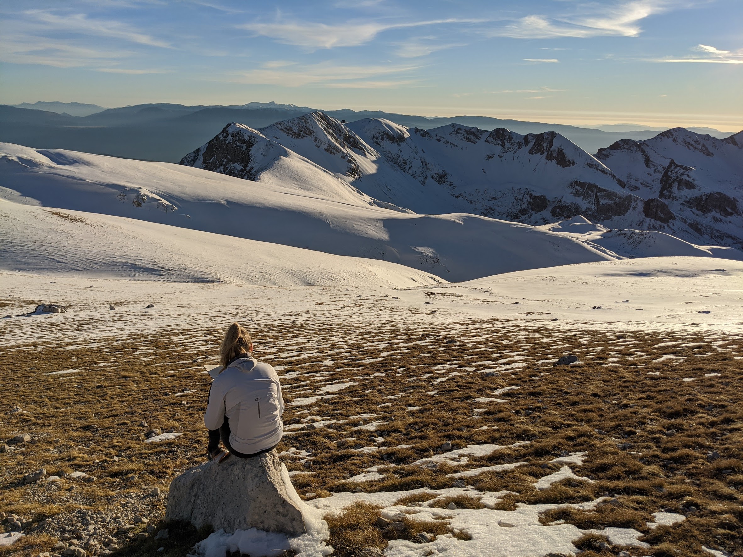 Nelly journaling after getting down from Corno Grande